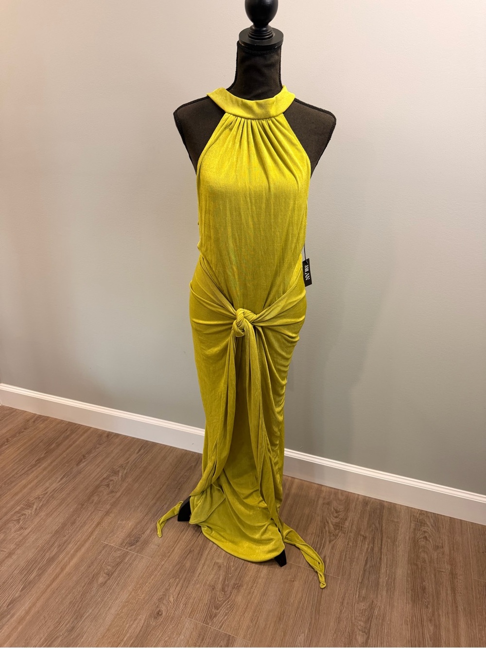 NWT Chartreuse Halter Knot Front Maxi Dress
